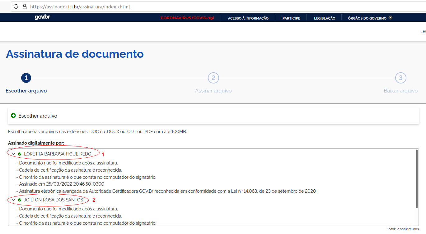 Captura de tela da verificação de assinatura avançada no Assinador ITI