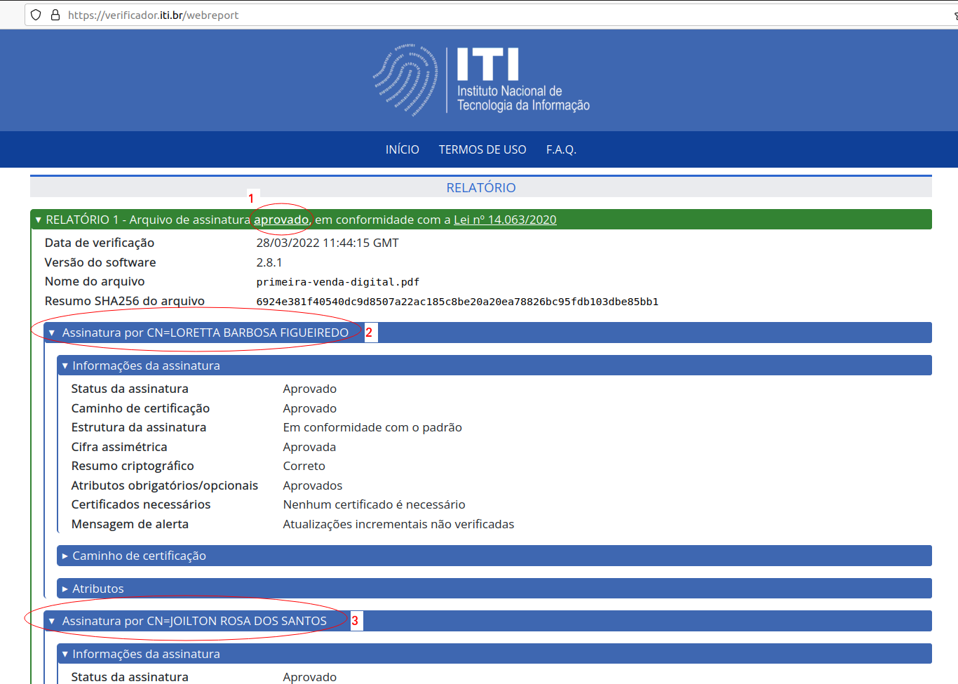 Captura de tela da verificação de assinatura avançada no Verificador ITI